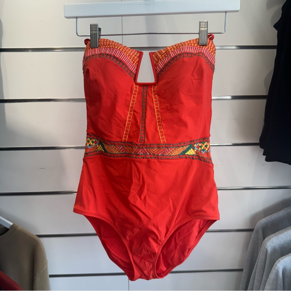Vintage Nanette Lepore Red One-Piece Swimsuit with Embroidered Trim